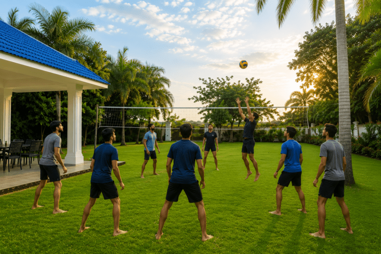 volleyball in a garden.