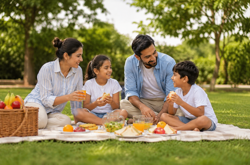Family enjoying a picnic in a garden.